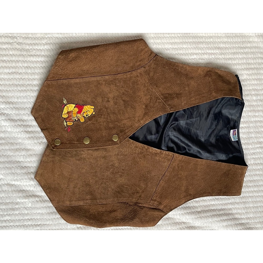 Disney Winnie the Pooh Vintage Suede Leather Vest Brown Embroidered Womens S/M